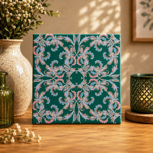 Azulejo de filigrana floral ornamentada en verde c