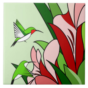 Azulejo de flor y colibrí