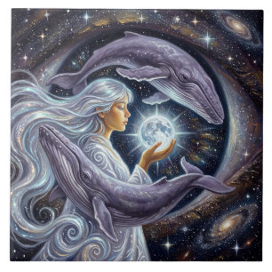 Azulejo de Foto de Ballena Cósmica y Niña