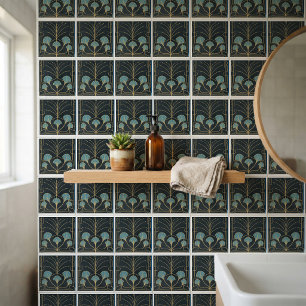 Azulejo de fuente art déco chic con palmeras azul