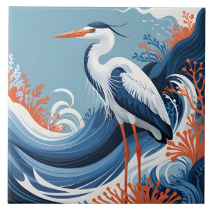 azulejo de garza de ola de océano