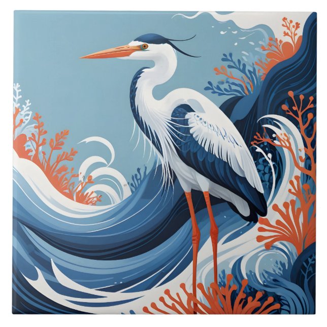 azulejo de garza de ola de océano (Frente)