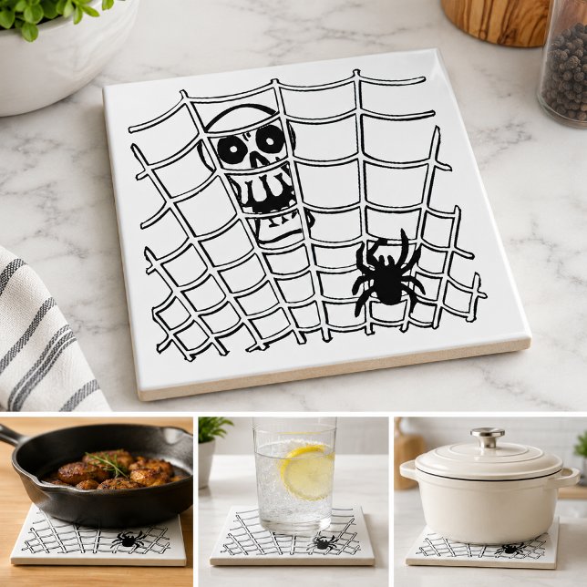 Azulejo de Halloween de Araña en Telaraña con Cala (Spider in Web with Skull Halloween Tile)