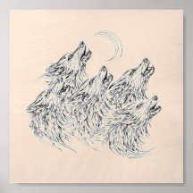 Dibujo a tinta negra de lobos aullando bajo la lun