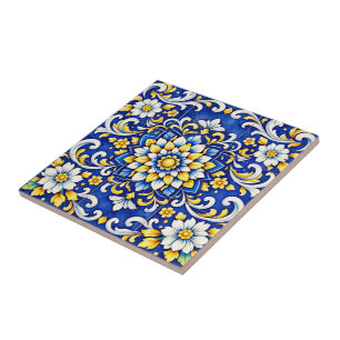 Azulejo de medallón de floración de cobalto