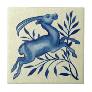 Azulejo De Morgan Mano pintada Antelope Azul Antique Repro