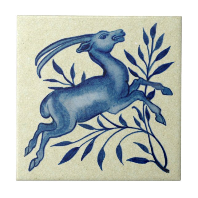 Azulejo De Morgan Mano pintada Antelope Azul Antique Repro (Frente)