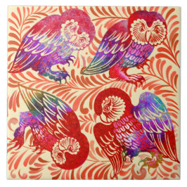 Azulejo De Morgan Ruby Luster Owl Quartet Antique Repro