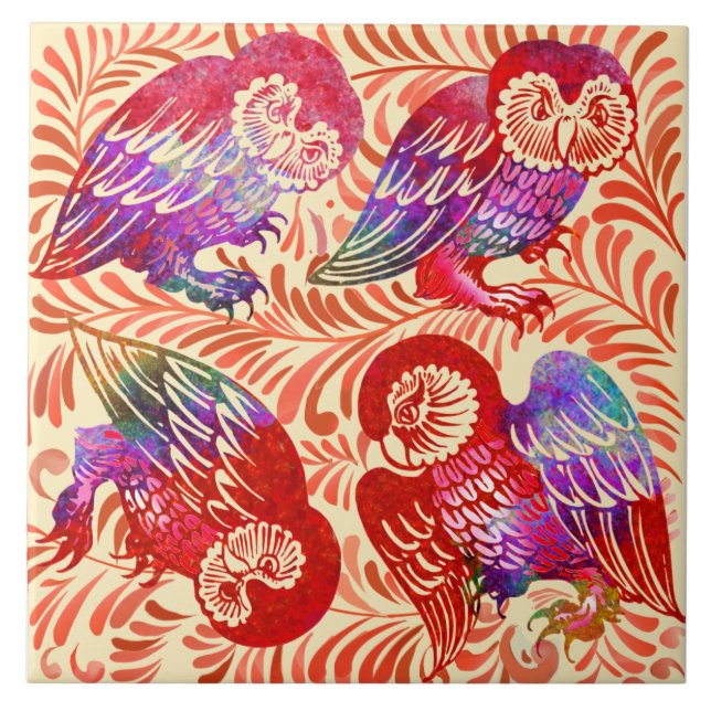 Azulejo De Morgan Ruby Luster Owl Quartet Antique Repro (Frente)