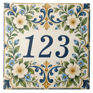 Azulejo de número de casa floral azul y dorado