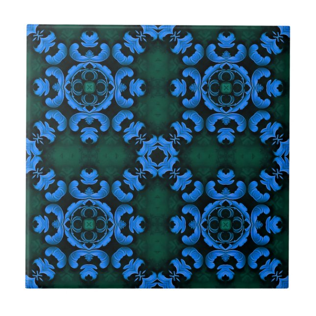 Azulejo de patrón arabesco azul elegante (Frente)