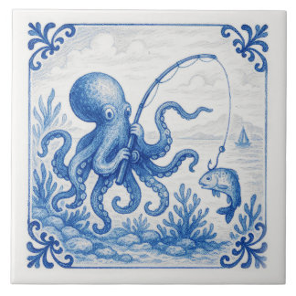 Azulejo de pulpo divertido al estilo Delft tropica