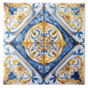 Azulejo de Talavera de oro azul y blanco con aspec