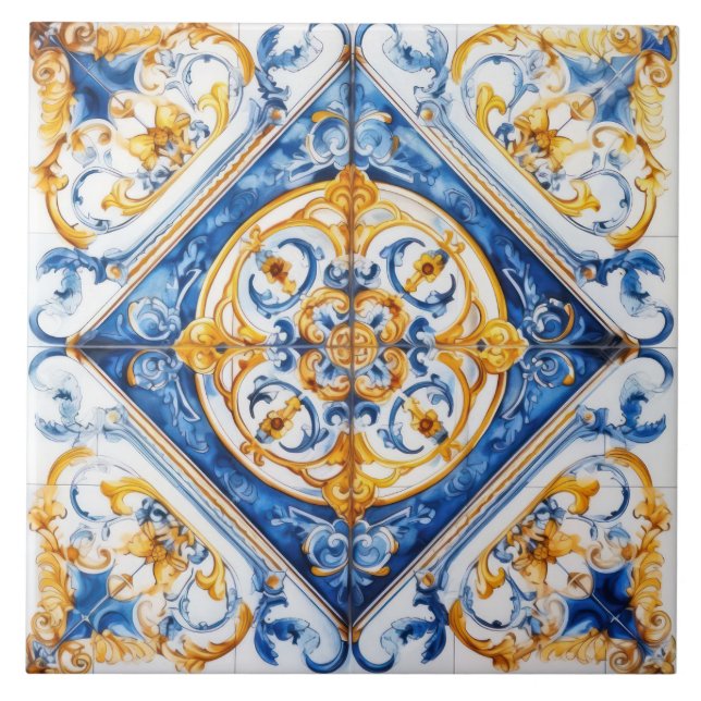 Azulejo de Talavera de oro azul y blanco con aspec (Frente)