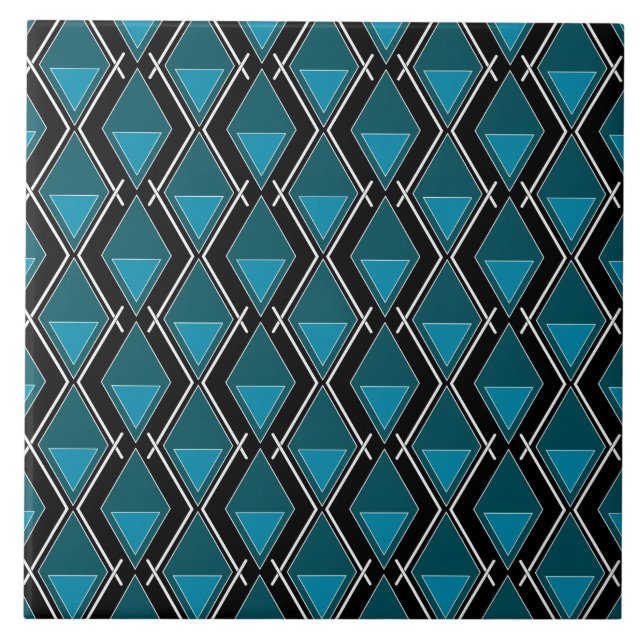 Azulejo deco de arte de patrón geométrico azul negro (Frente)
