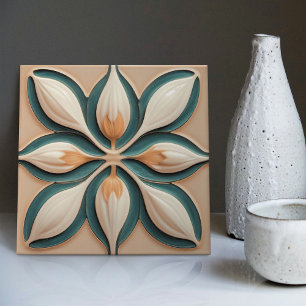 Azulejo Deco de arte simétrico de tulipanes Verde azulados