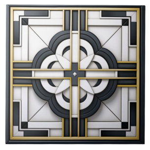 Azulejo Deco Hermoso Negro Blanco Dorado