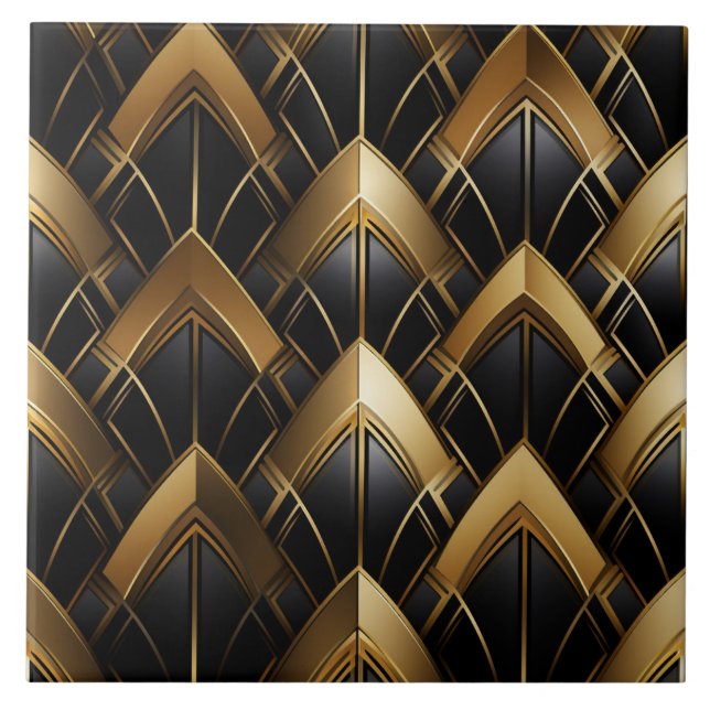 Azulejo Deco negro y oro, zigzags y líneas (Frente)