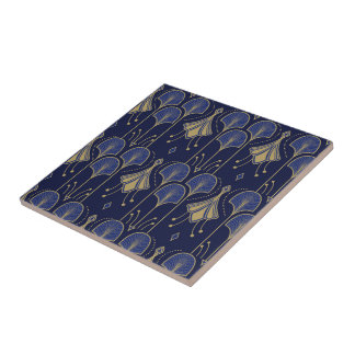 Azulejo Decoración Art Deco Azul Y Oro