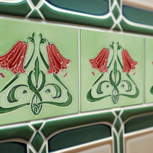 Azulejo Decoración de Bellflower Rojo Art Nouveau Art Deco