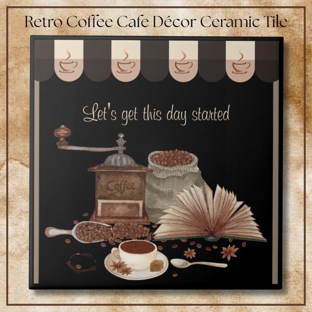 Azulejo Decoración de Cocina Molinillo de Café Retro Negro (Inspiring Black Retro Coffee Grinder Kitchen Décor Ceramic Tile)