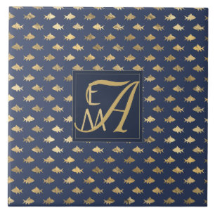 Azulejo Decoración de hogar con monograma dorado y azul ma