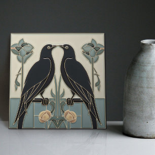 Azulejo Decoración de pared Art Deco Nouveau pájaros negro