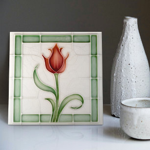 Azulejo Decoración de pared de tulipán rojo verde Nouveau 