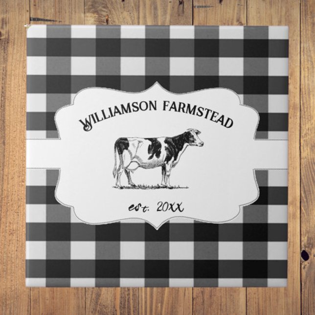 Azulejo Decoración de vaca de granja de búfalo negro (Black Buffalo Plaid Farm Cow Decorative Ceramic Tile)