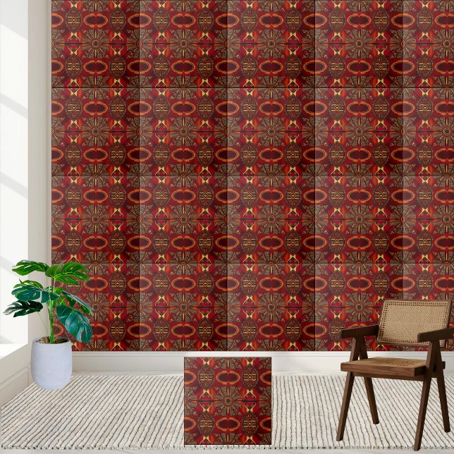 Azulejo Decoración en mosaico de inspiración africana roja (Red and Gold African Inspired Pattern Tile Decor)