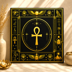 Azulejo Decoración Espiritual Ankh de Oro Negro Símbolo Eg