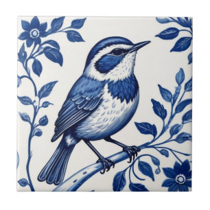 Azulejo Decoración floral blanca y azul de Wren Bird Delft