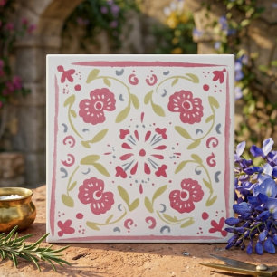 Azulejo Decoración floral de arte popular rosa y oliva
