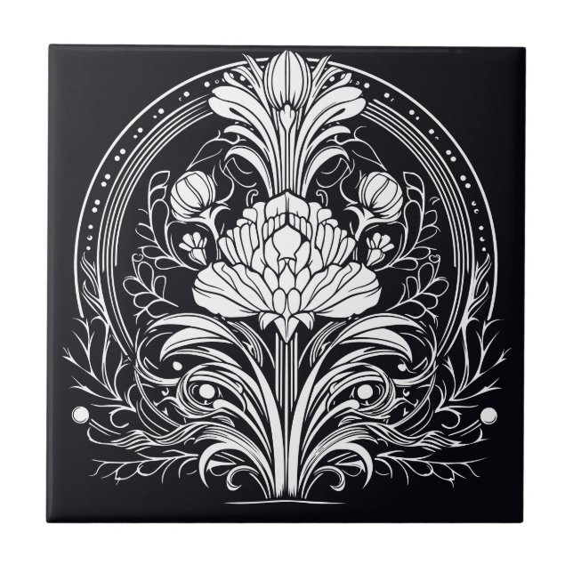 Azulejo Decoración floral en blanco y negro (Frente)