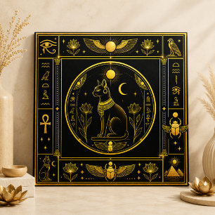 Azulejo Decoración Gato Bastet Oro Negro Símbolo Egipcio