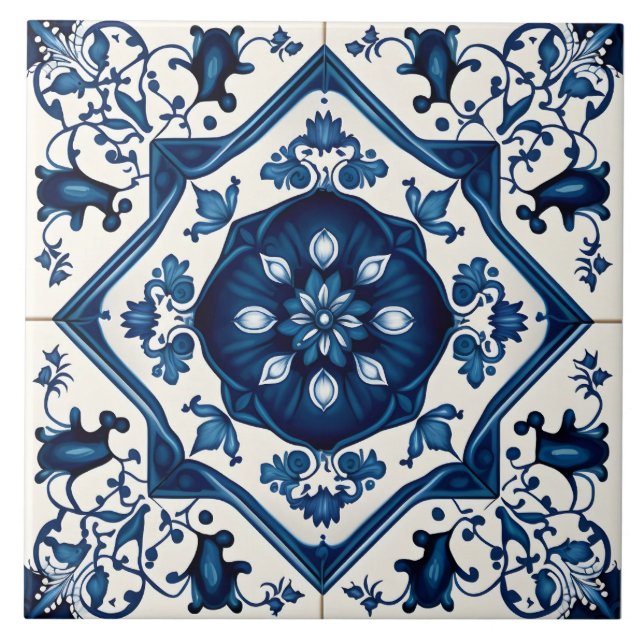 Azulejo Decoración mediterránea floral azul (Frente)