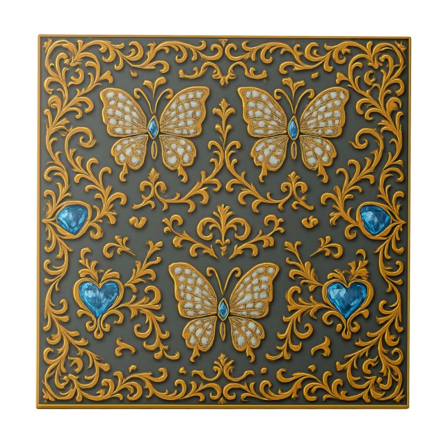 Azulejo Decorative Butterfly Design in Gold and Blue  (Frente)