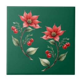Azulejo decorativlo Natal verde e Flores Vermelhas