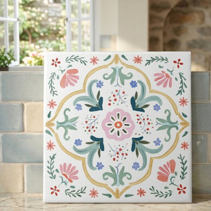 Azulejo Decorativo de Arte Popular Ornamentado con