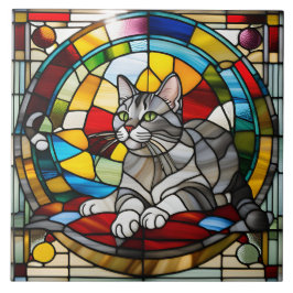 Azulejo Decorativo de Vidrio Emplomado de Gato Gri