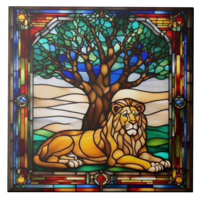 Azulejo Decorativo de Vidrio Emplomado de León (Frente)