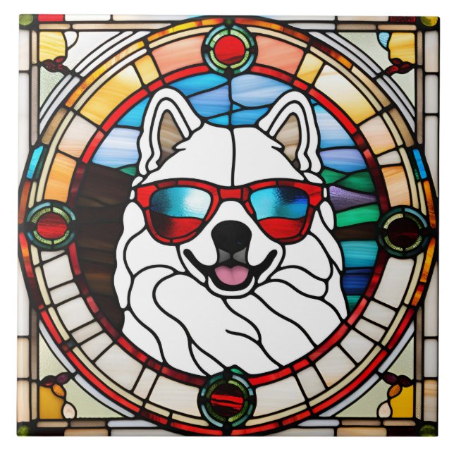 Azulejo Decorativo de Vidrio Emplomado de Samoyedo (Frente)