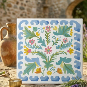 Azulejo decorativo floral de arte popular azul y a