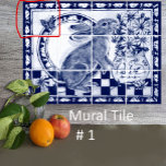 Azulejo Dedham Blue White Rabbit Bunny Mural Tile # 1<br><div class="desc">Este es el mosaico número 1 de un mural de cerámica de doce baldosas, con un bonito conejo y un jarrón lleno de margaritas. Los tonos azul marino oscuro y blanco se acentúan con un acristalamiento cruzado. Los conejos y las zanahorias bordean el diseño. Inspirada en la antigua cerámica Dedham,...</div>