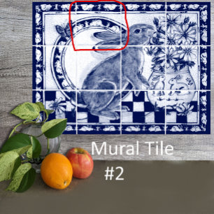 Azulejo Dedham Blue White Rabbit Bunny Mural Tile # 2