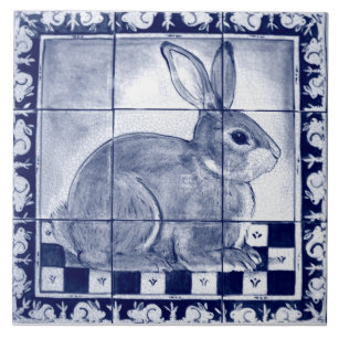 Azulejo Dedham Rabbit Bunny Blue Vintage Mural Art