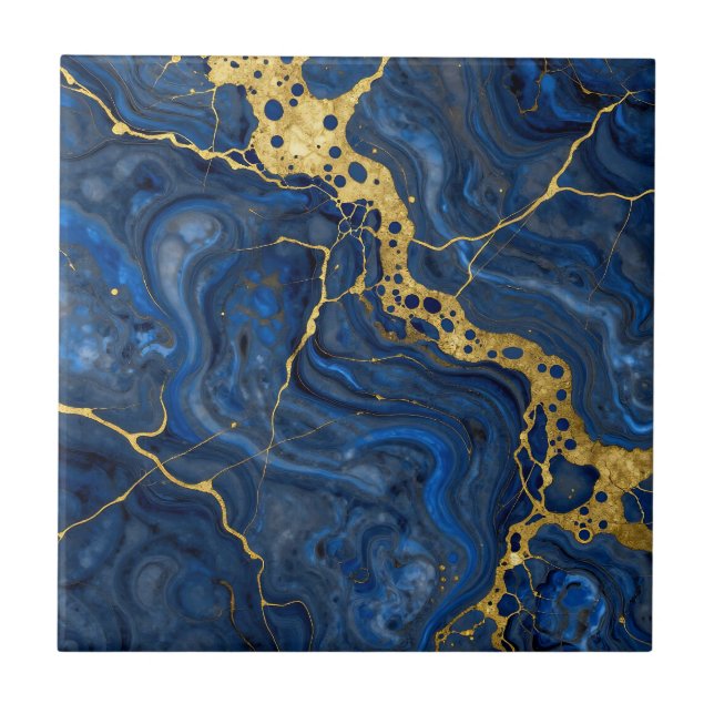 Azulejo Deep Blue Golden Veins Abstract (Frente)