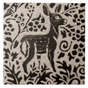 Azulejo Deer Fawn Batik Stoneware Animal Woodland Tan Gray