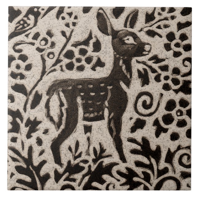 Azulejo Deer Fawn Batik Stoneware Animal Woodland Tan Gray (Frente)