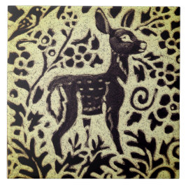 Azulejo Deer Fawn Gray Green Stoneware Foliage Woodland
